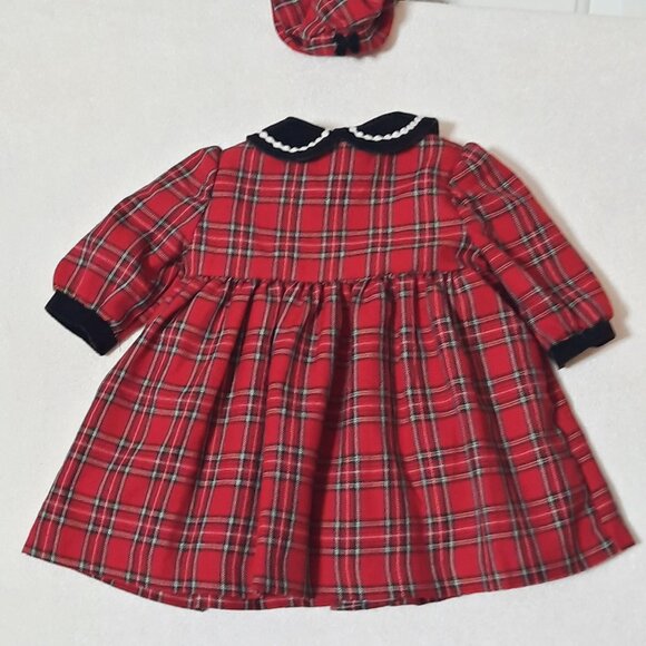 Baby Christmas Red Plaid Dress Coat w Dress, Velvet Collar, Hat Beret, EUC, 6-9m - Picture 2 of 12